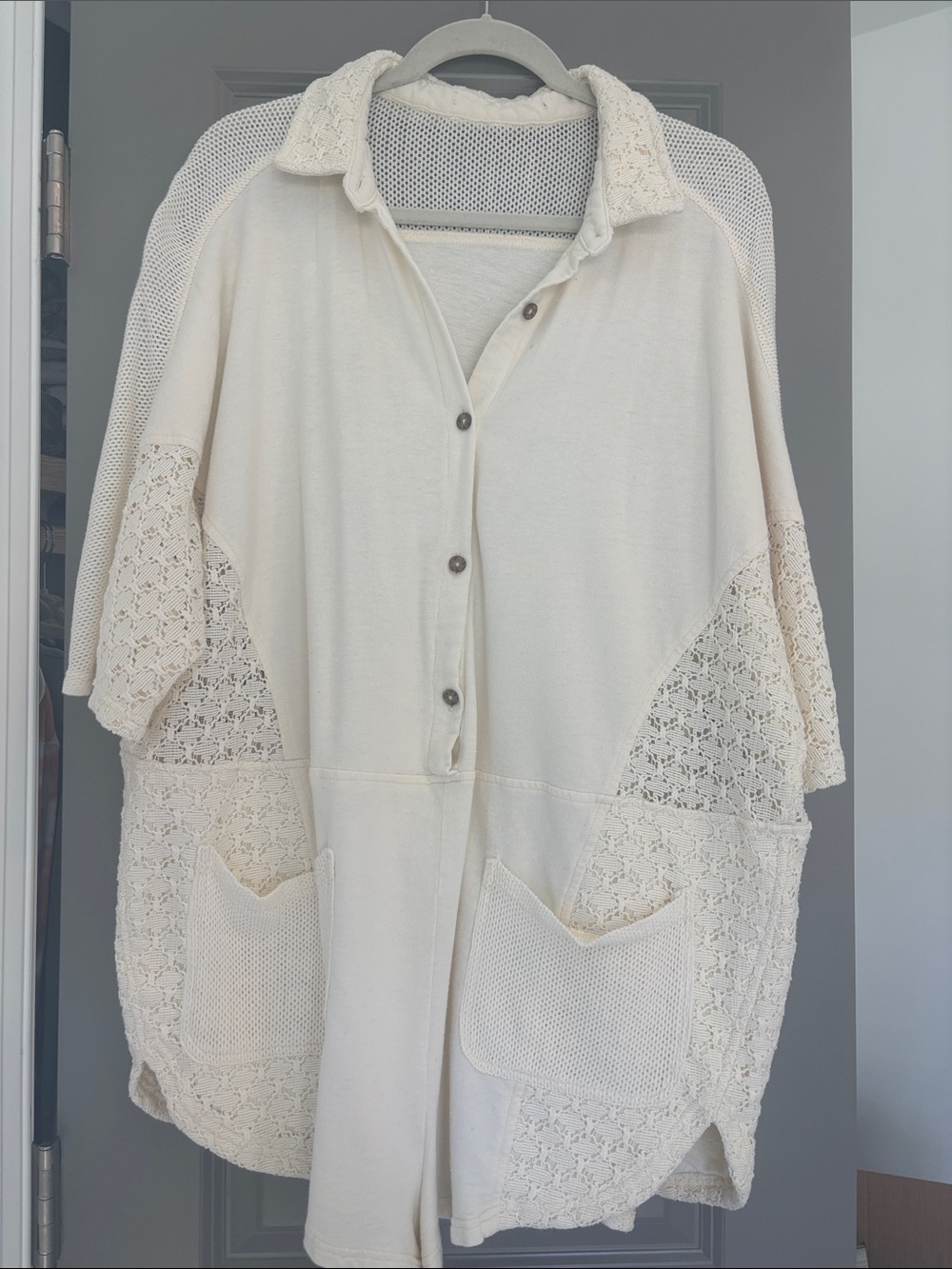 Cream Crochet-Panel Button Front Romper